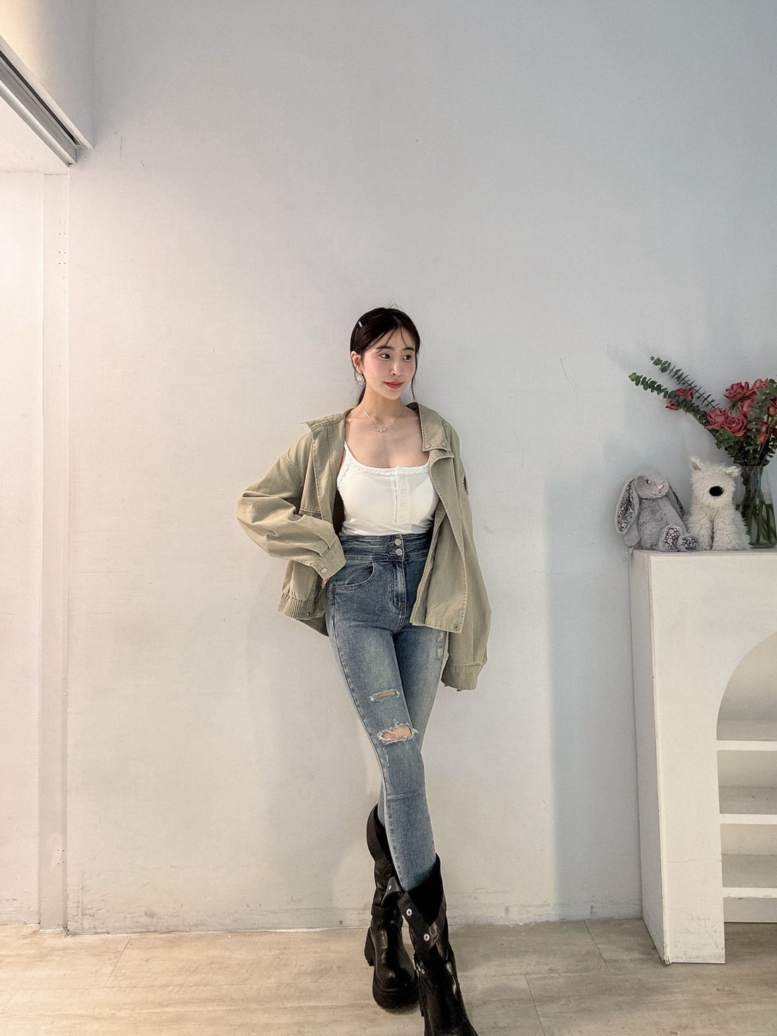 雙扣割破彈力小腳褲