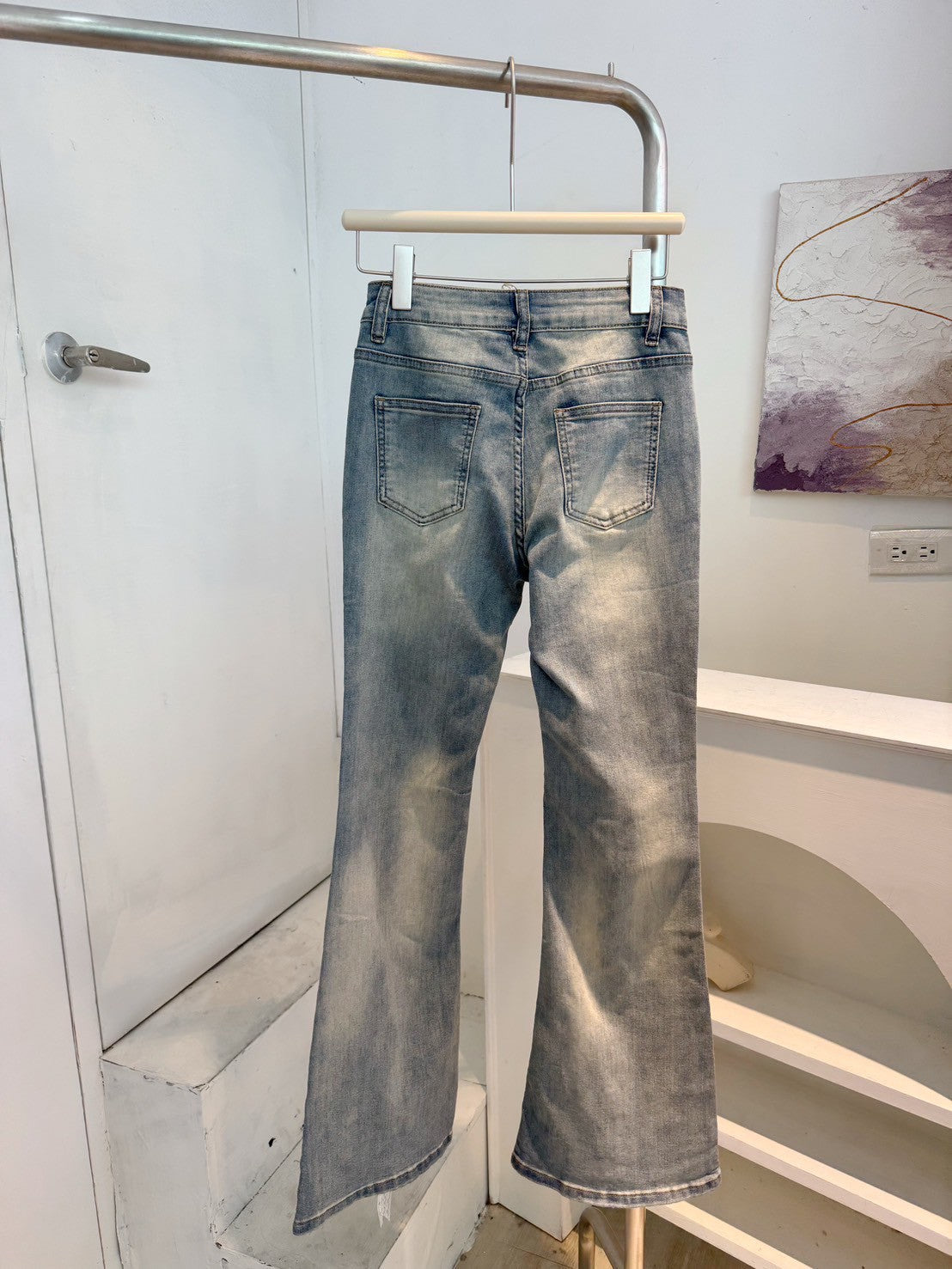 蕾絲開衩彈力喇叭褲