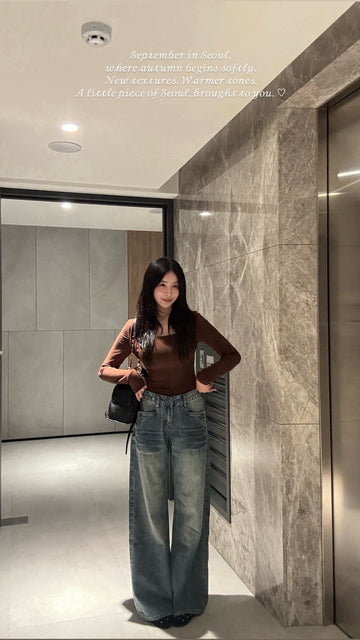 口袋造型低腰落地褲
