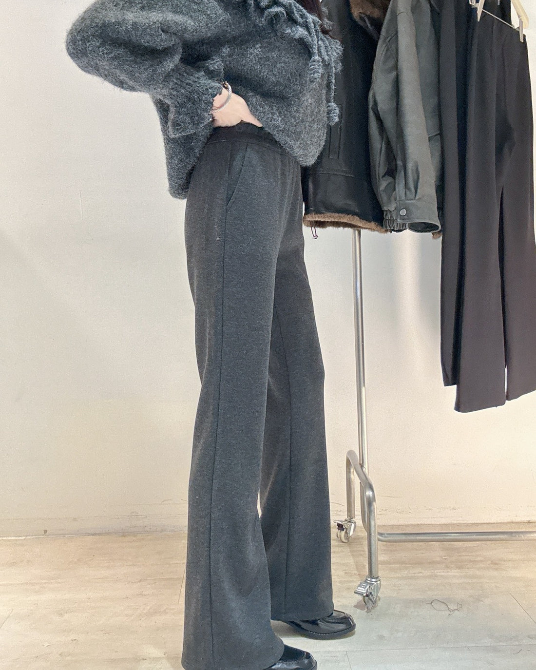 內刷絨口袋直筒喇叭褲