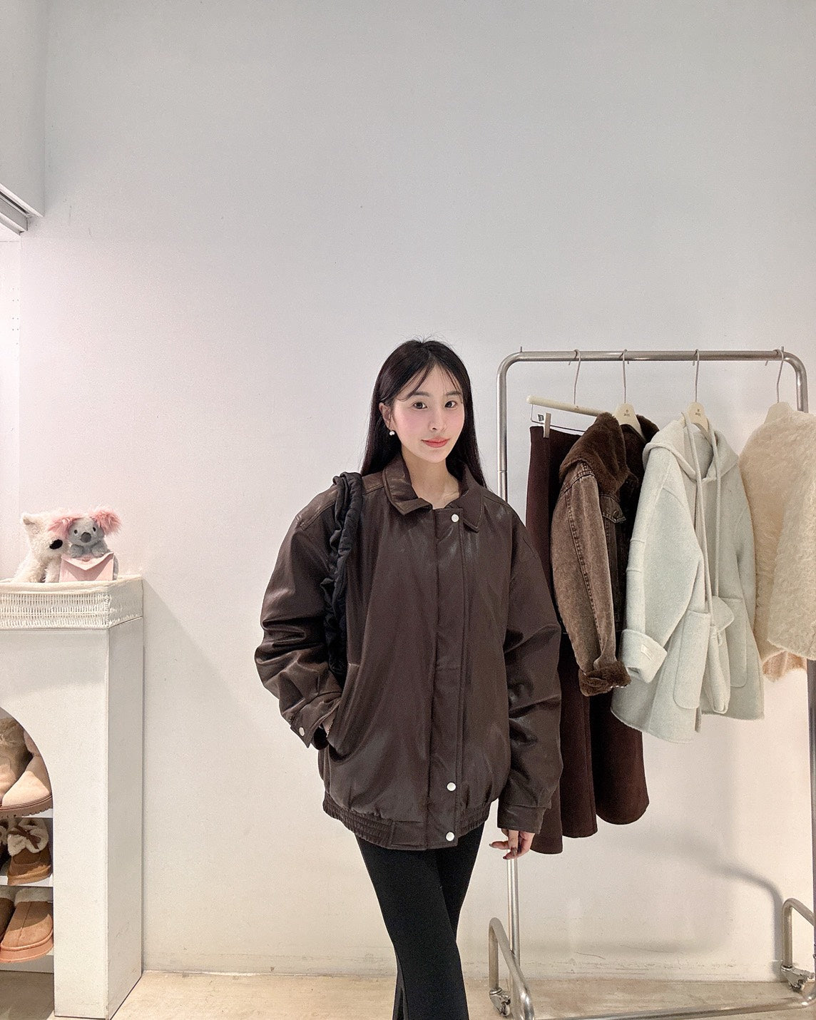 摩卡棕鋪棉皮質外套