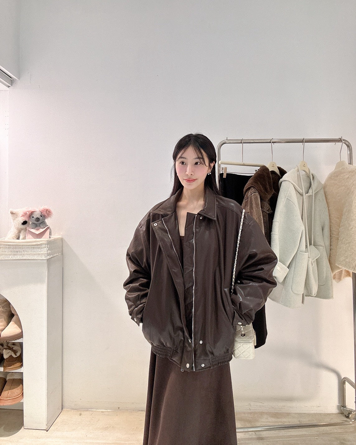 摩卡棕鋪棉皮質外套