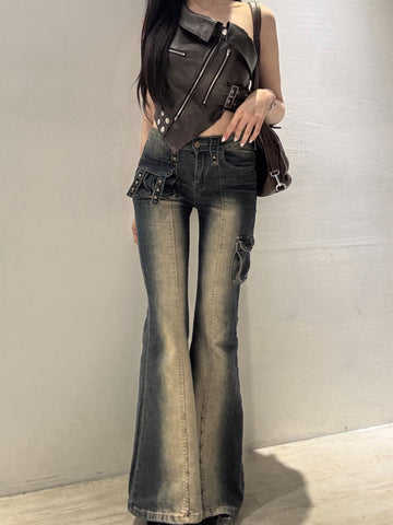 復古刷色鉚釘喇叭褲