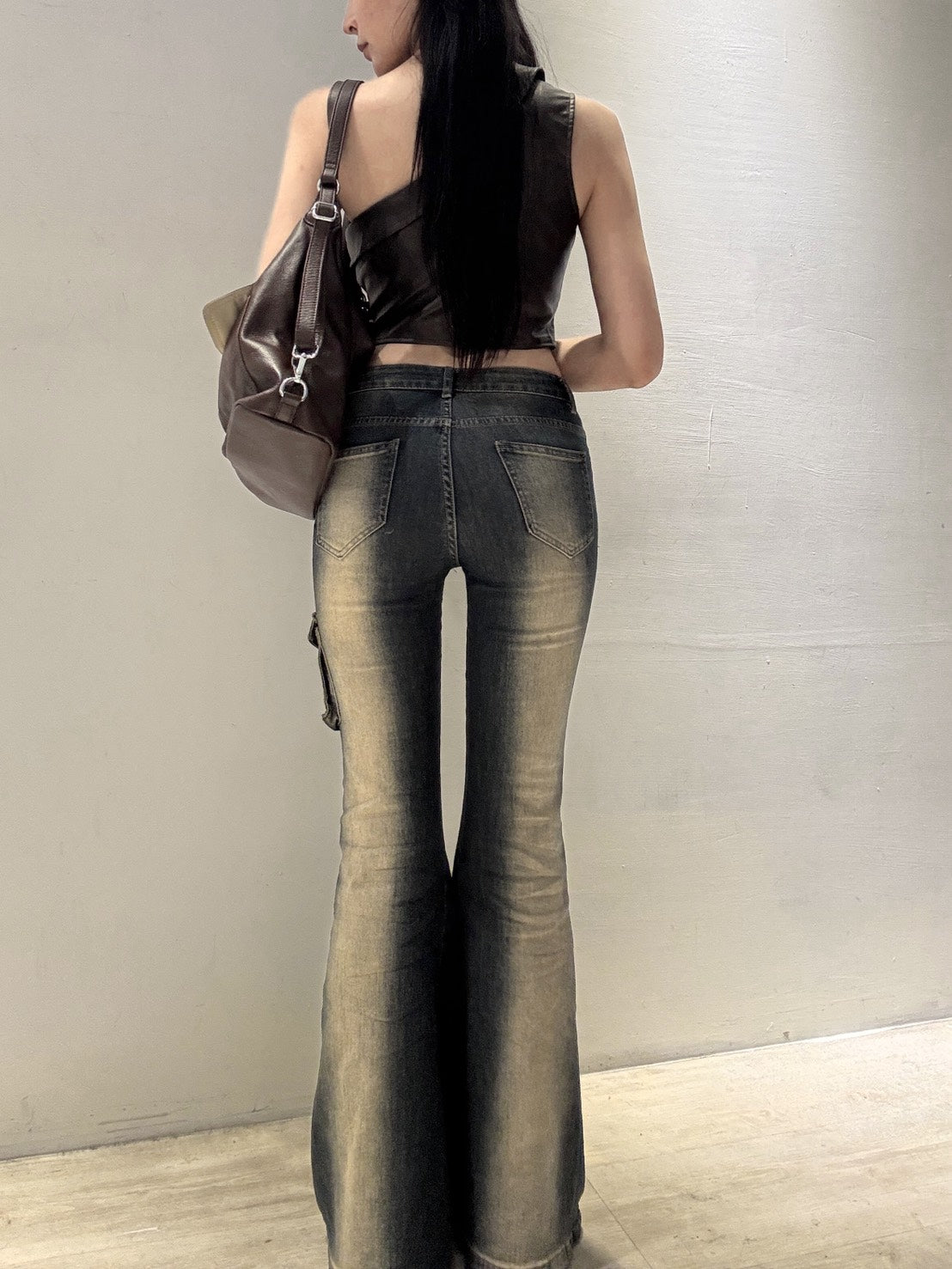 復古刷色鉚釘喇叭褲