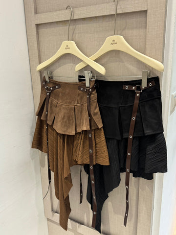 不規則麂皮拼接裙