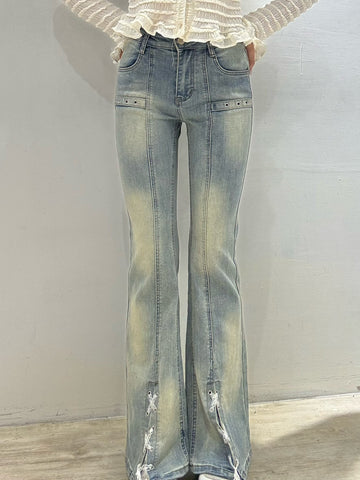 蕾絲開衩彈力喇叭褲