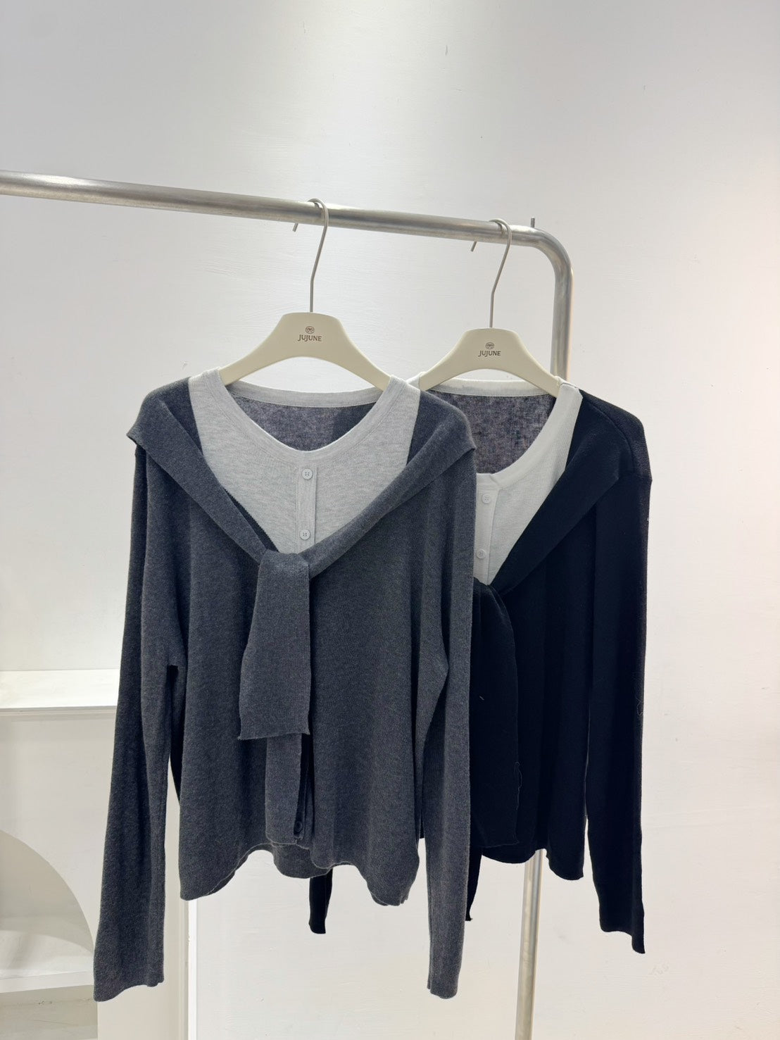 假兩件拼接綁帶針織衫