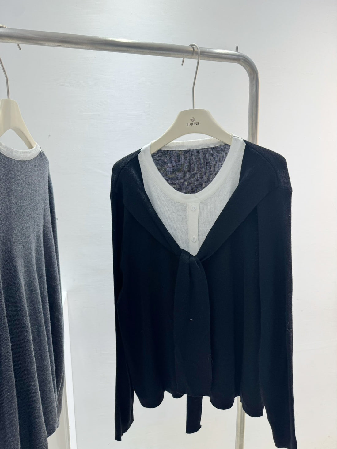 假兩件拼接綁帶針織衫