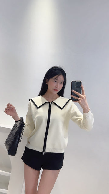 撞色翻領針織外套