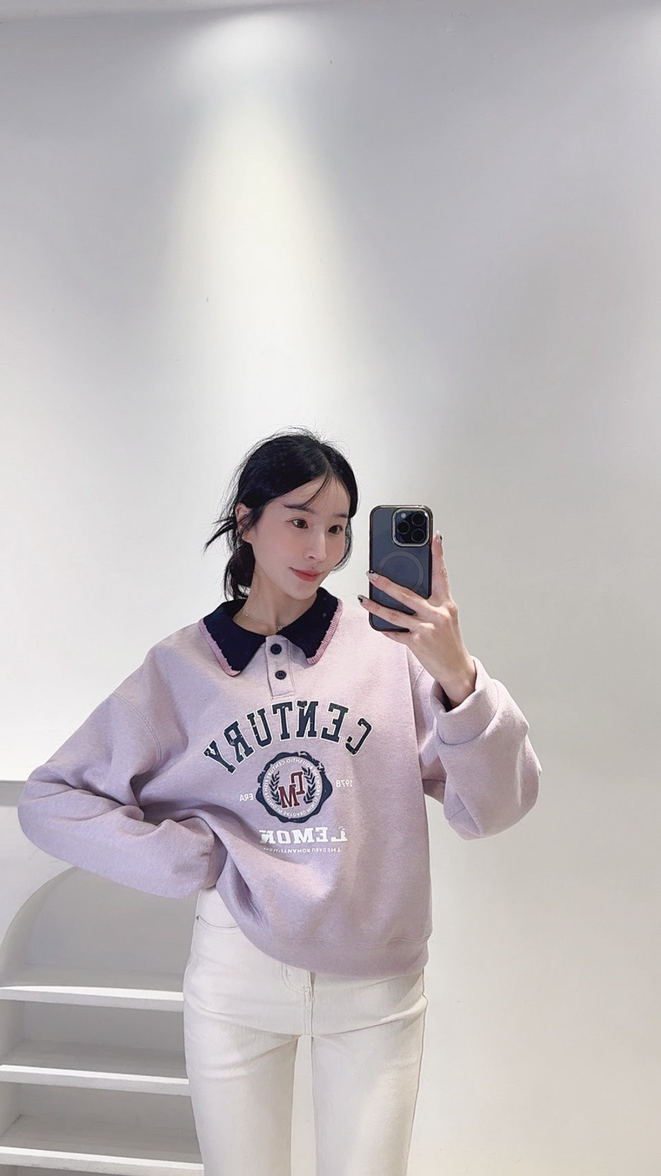 設計款配色領刷絨衛衣