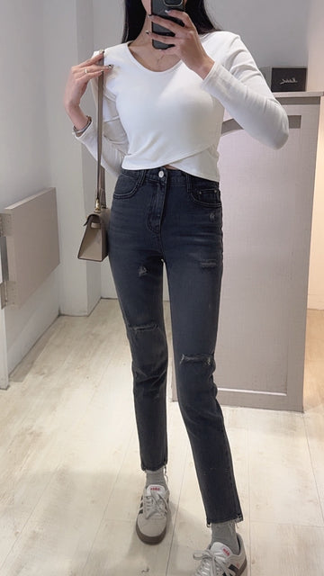 雙色修胯寬割破小直筒