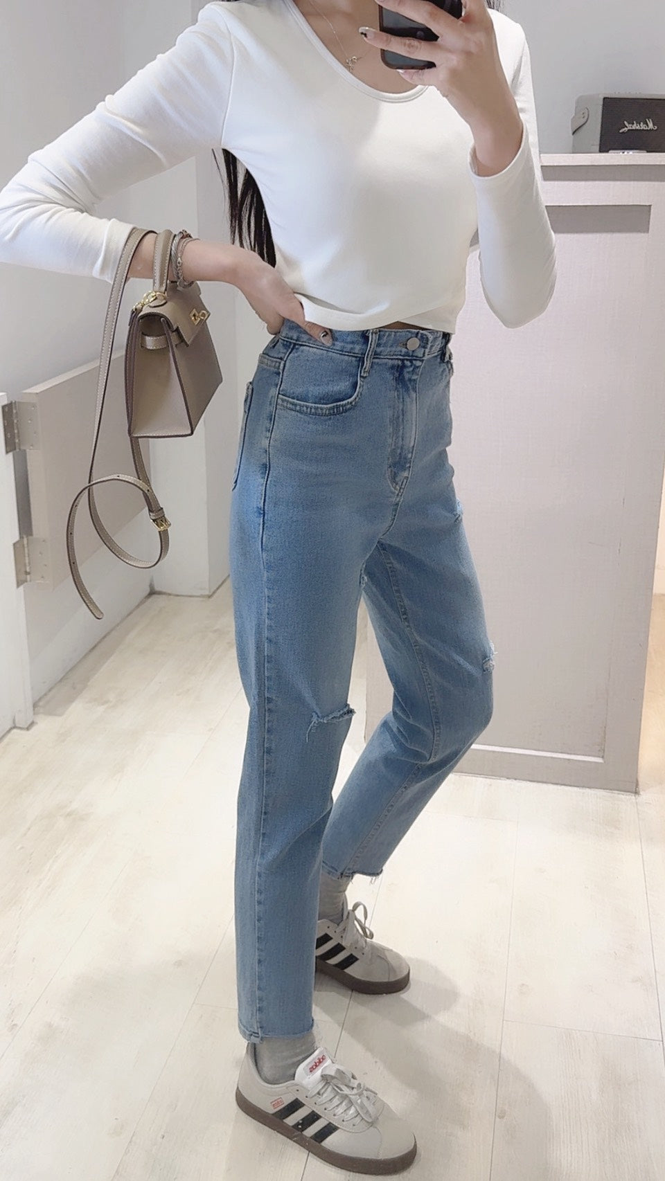 雙色修胯寬割破小直筒