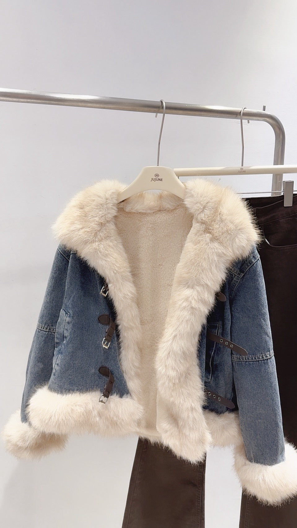 高訂款仿狐狸毛牛仔外套