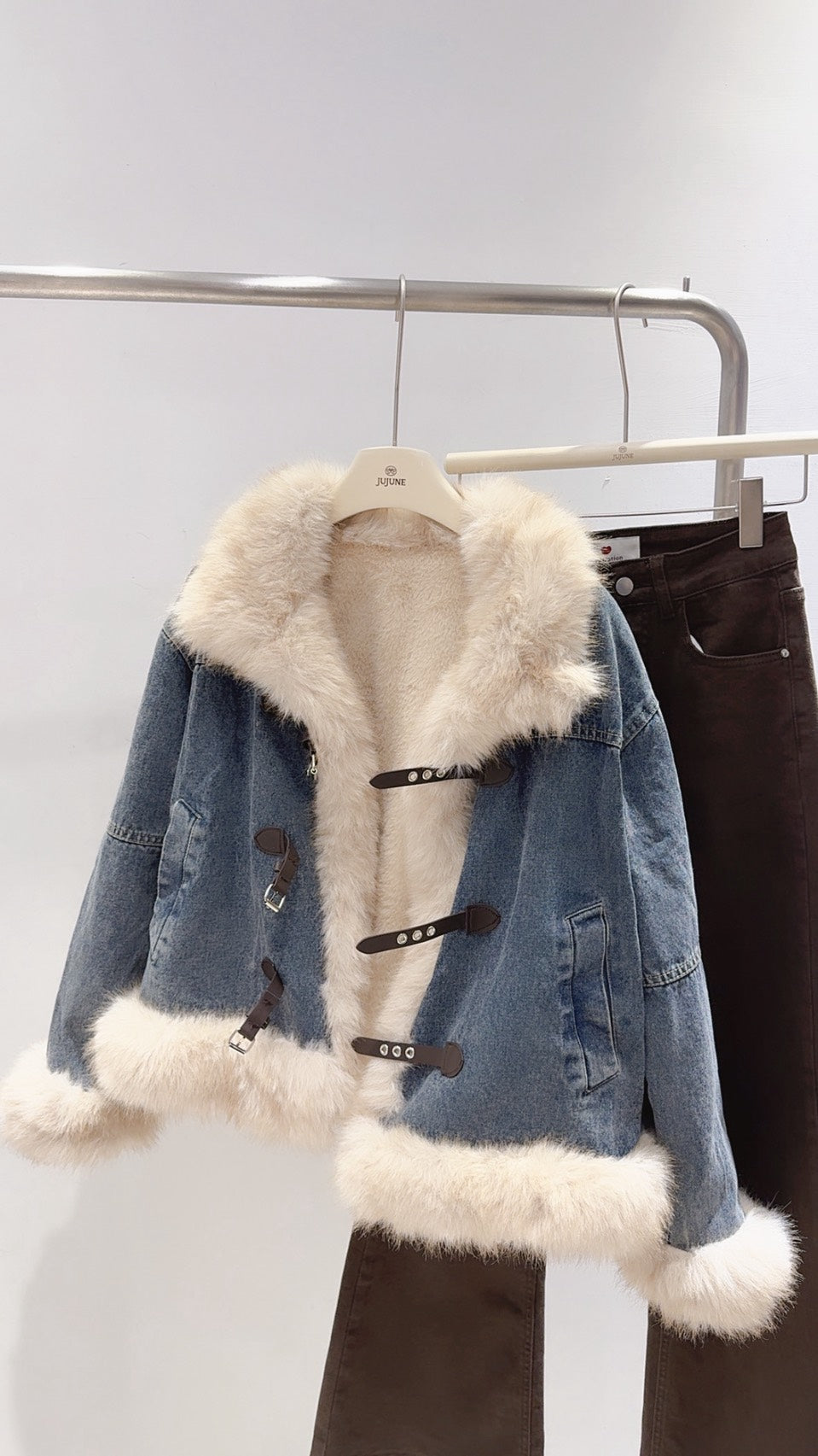 高訂款仿狐狸毛牛仔外套