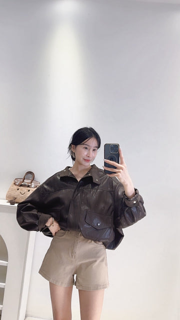 拼接領片皮質夾克