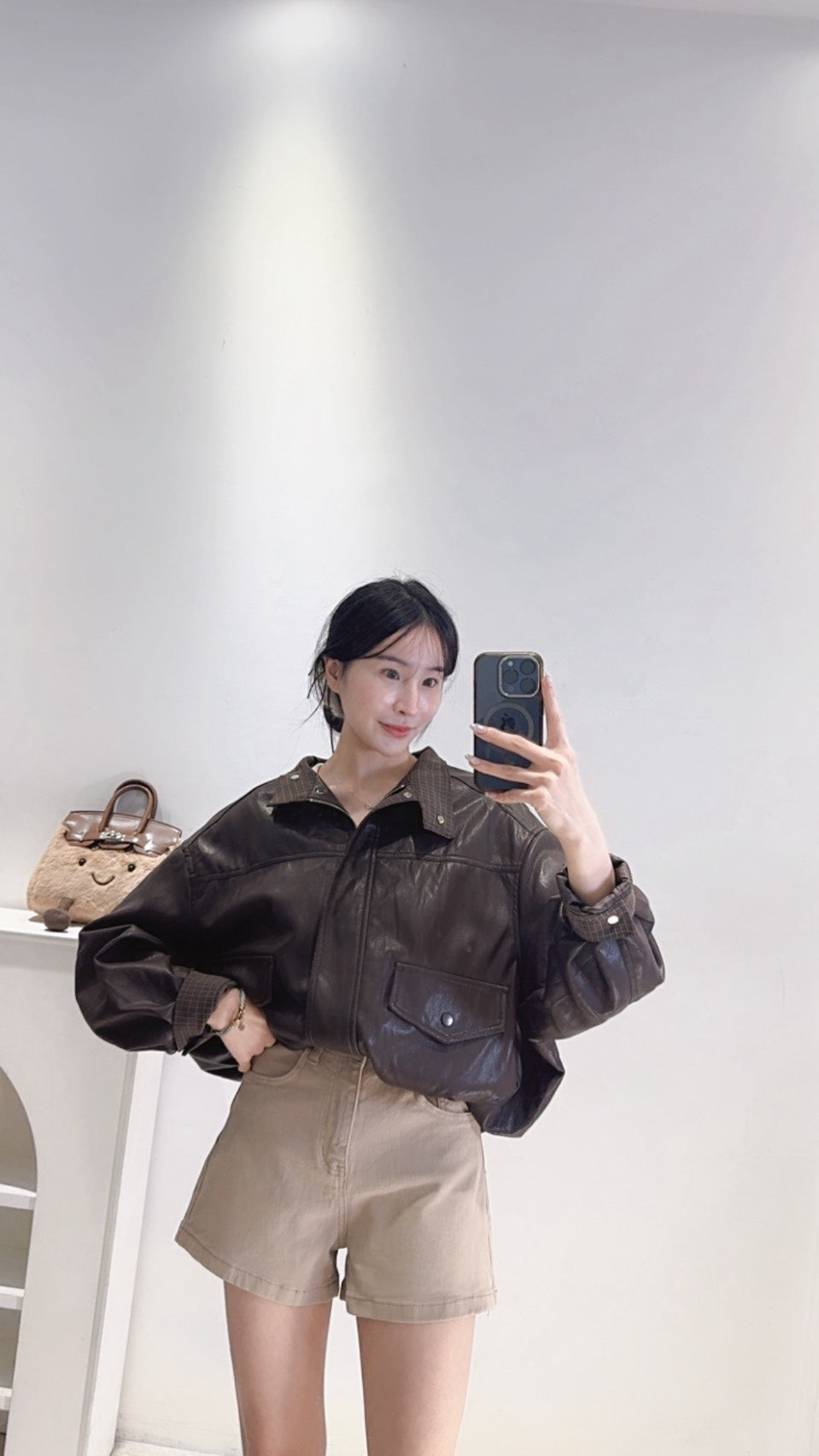 拼接領片皮質夾克