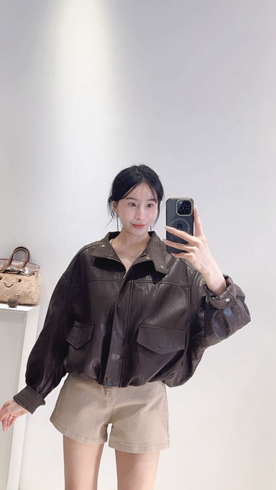 拼接領片皮質夾克