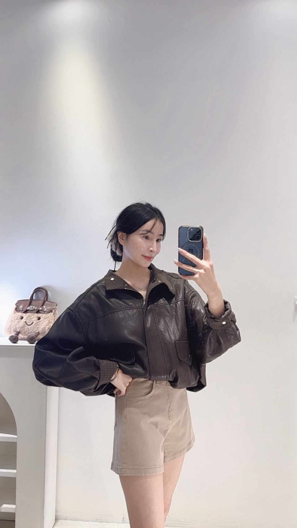 拼接領片皮質夾克