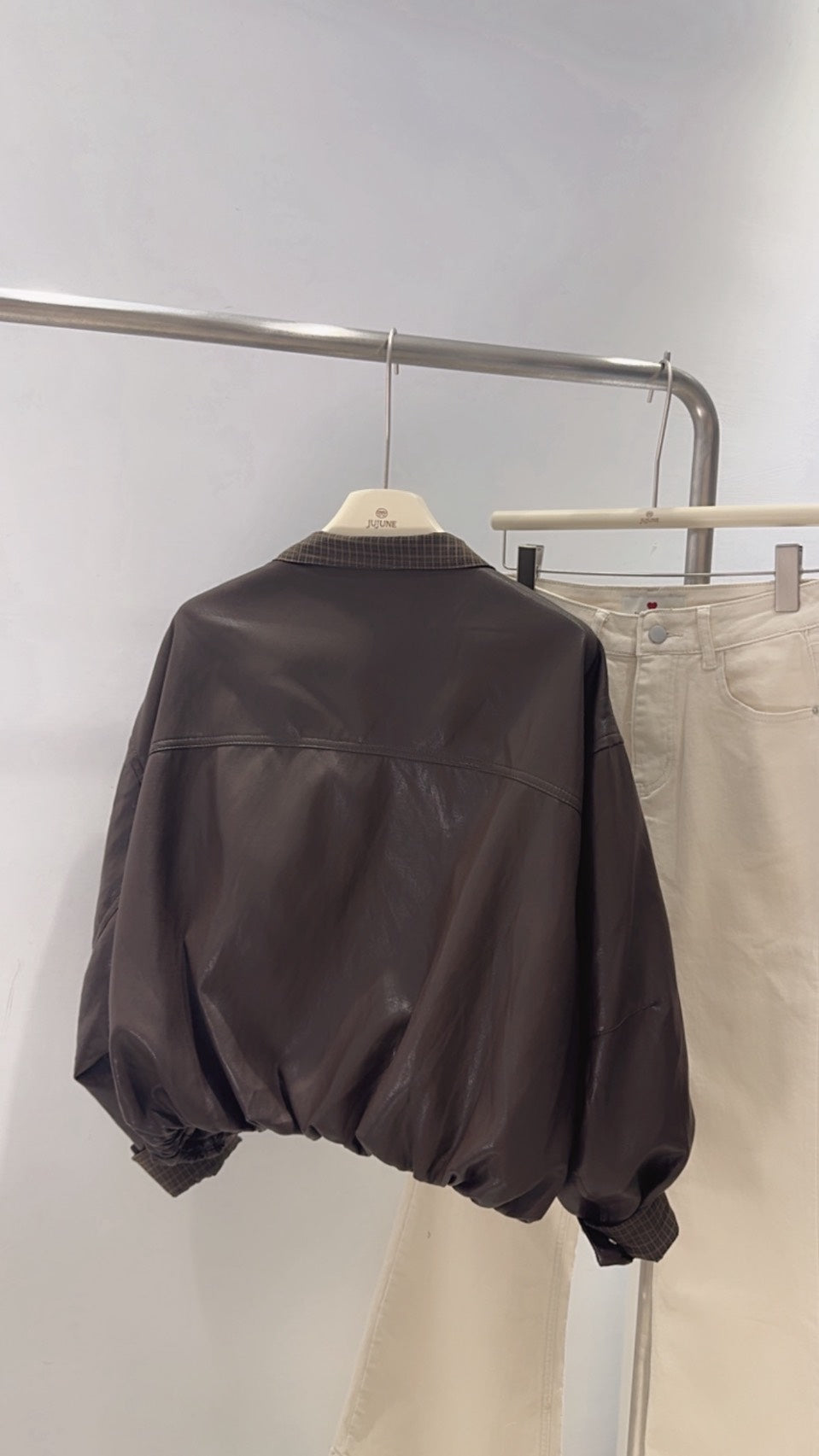 拼接領片皮質夾克