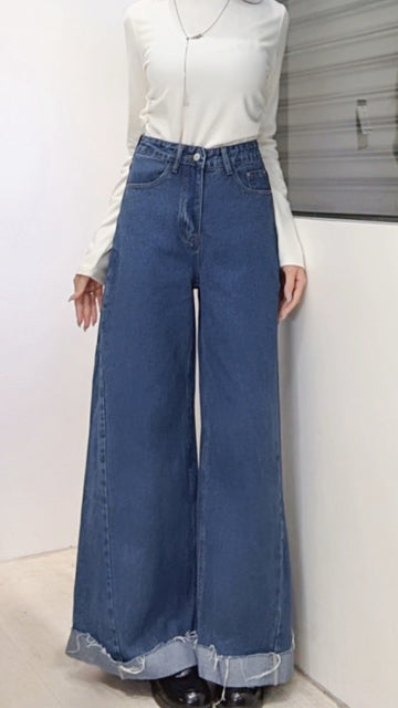 下反折高腰直筒落地褲