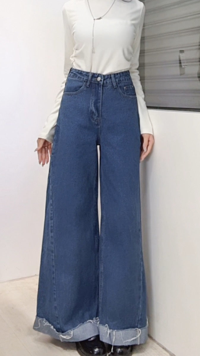 下反折高腰直筒落地褲