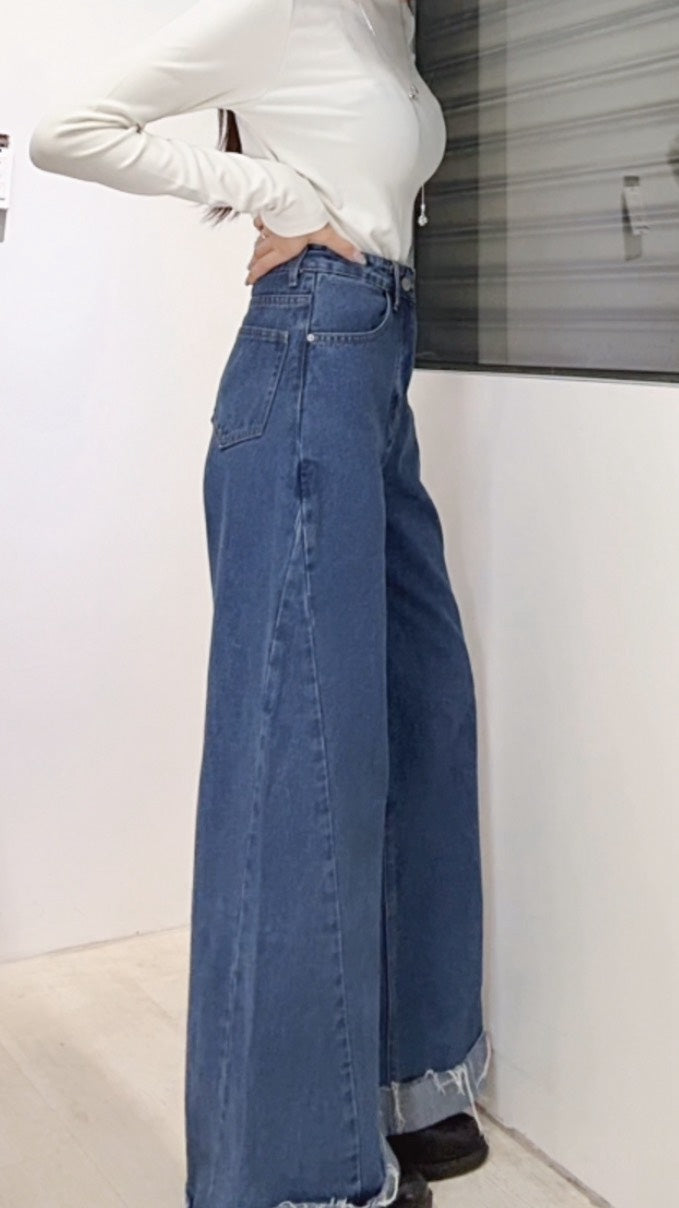 下反折高腰直筒落地褲