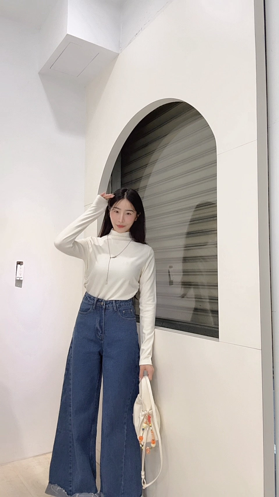 下反折高腰直筒落地褲