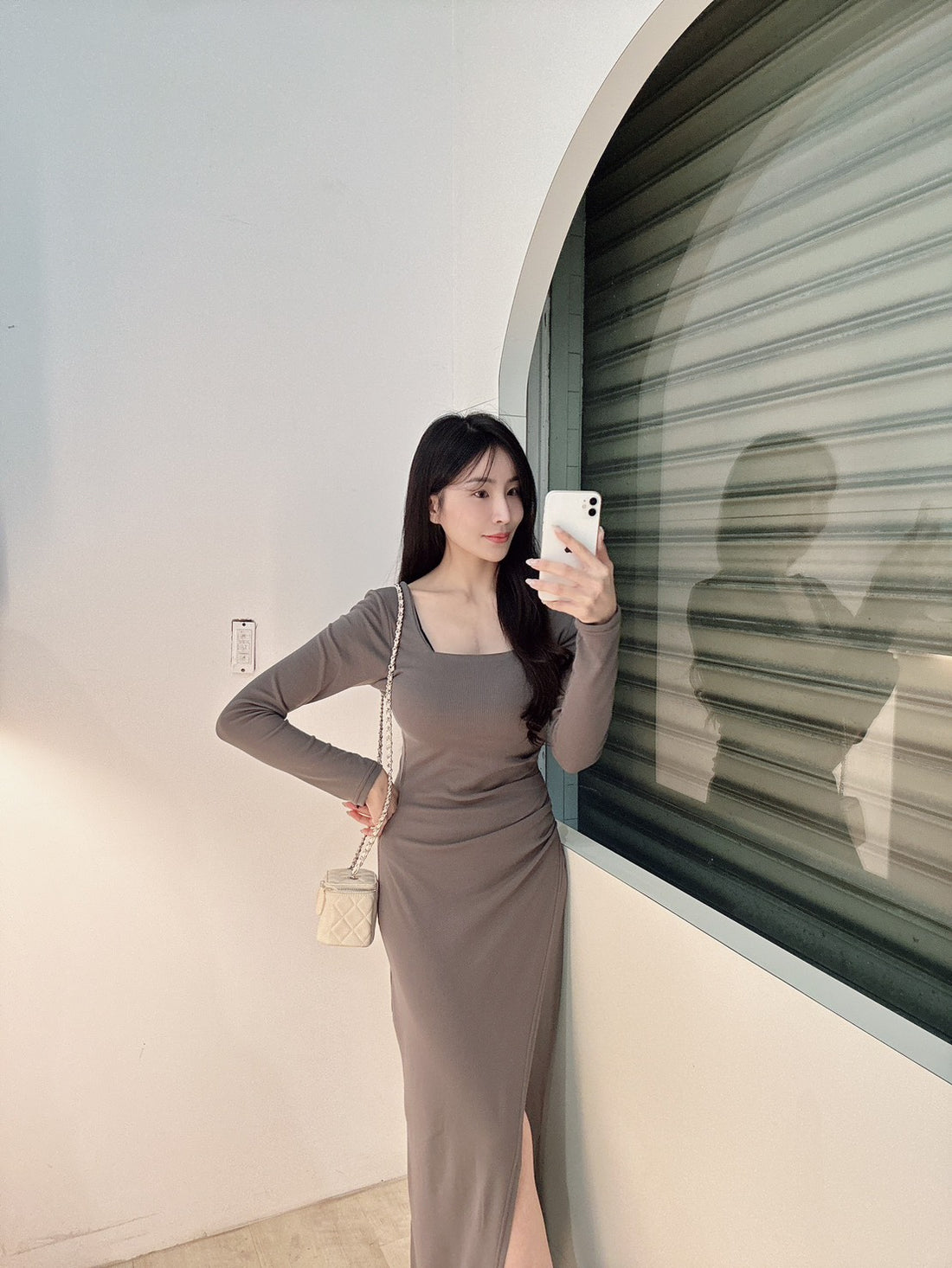 自帶胸墊方領長洋裝