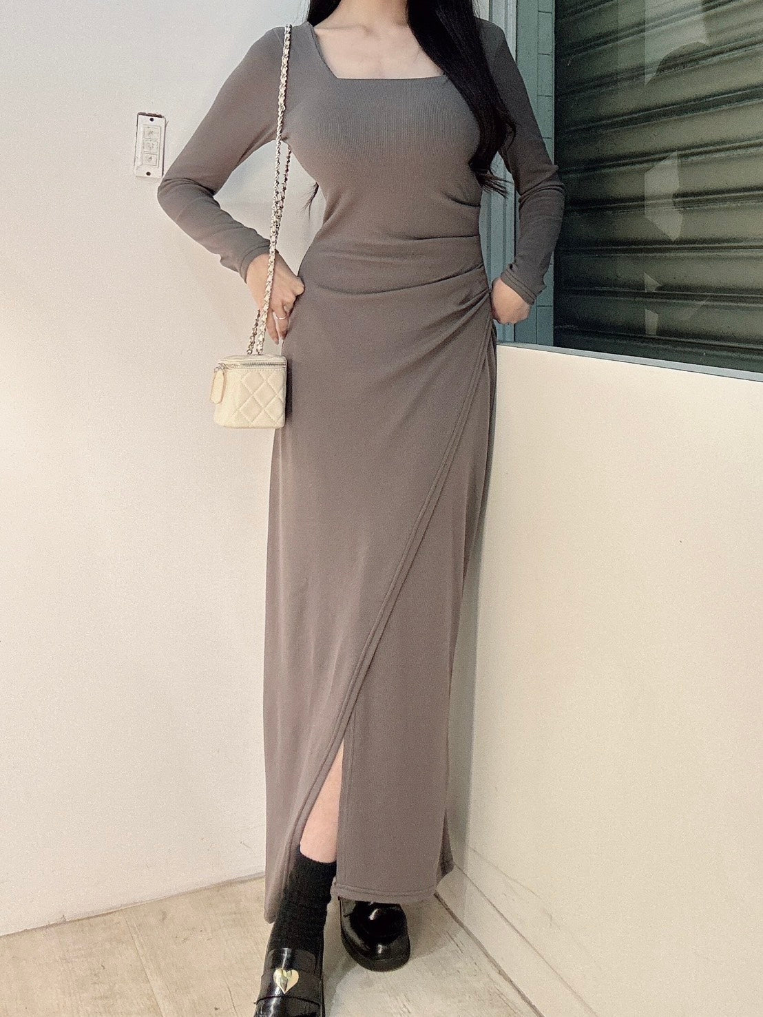 自帶胸墊方領長洋裝