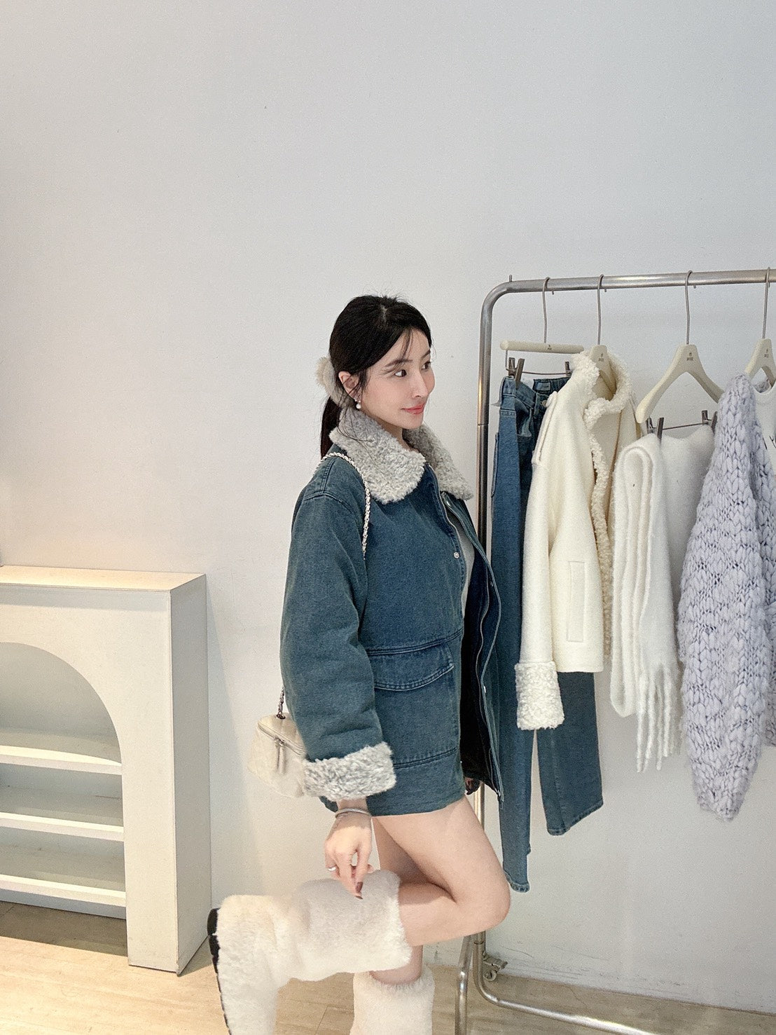 羊羔毛牛仔羽絨外套