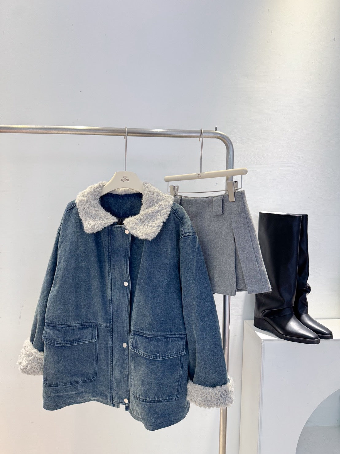 羊羔毛牛仔羽絨外套