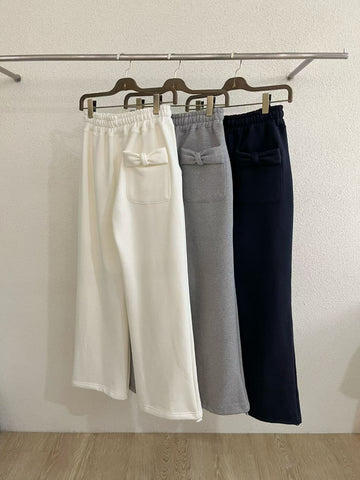 蝴蝶結口袋刷絨直筒褲